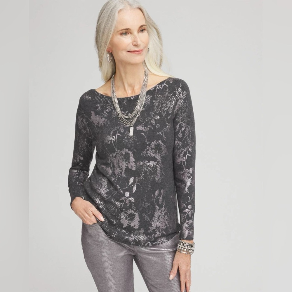 CHICOS Silver Floral Bateau Neck Sweater, Like New